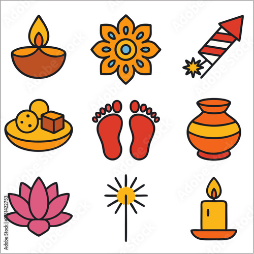Diwali Flat Icon Set, Colorful Deepavali Festival Symbols in Minimal Style