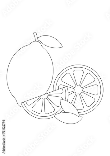 Vector line art of lemon with leaf, with slices cut off, simple outline drawing for coloring pages, kids activity, education, healthy food theme, modern minimal style.