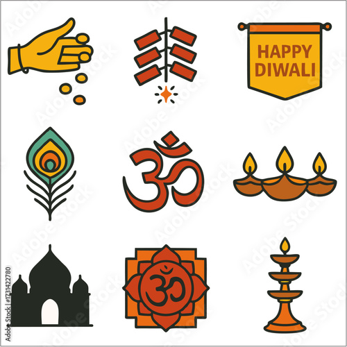 Diwali Flat Icon Set, Colorful Deepavali Festival Symbols in Minimal Style