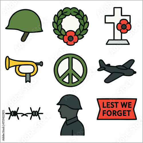 Armistice Day Flat Icon Set, Remembrance and Military Tribute in Minimal Style