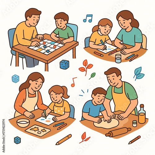 Family engaging in creative activities together at home  