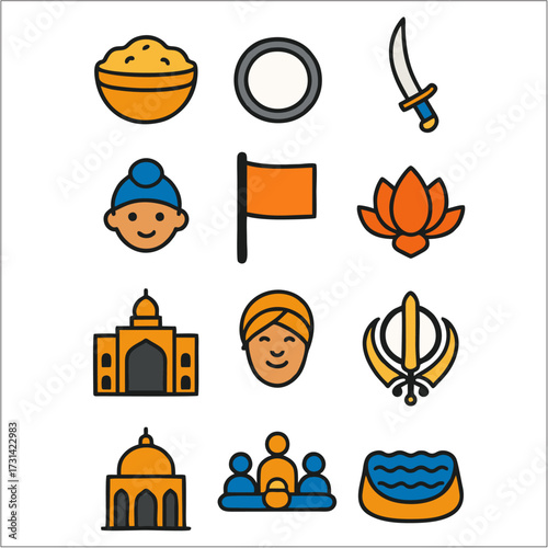 Guru Nanak Gurpurab Flat Icon Set, Sikh Festival & Spiritual Symbols in Minimal Style