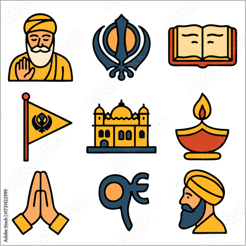 Guru Nanak Gurpurab Flat Icon Set, Sikh Festival & Spiritual Symbols in Minimal Style