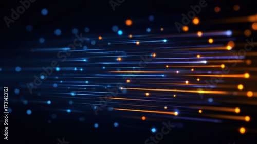 Abstract digital light streams with glowing particles on a dark background