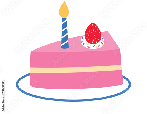 a slice of cake with strawberry and candle on plate, pink cute slice of birthday cake, 