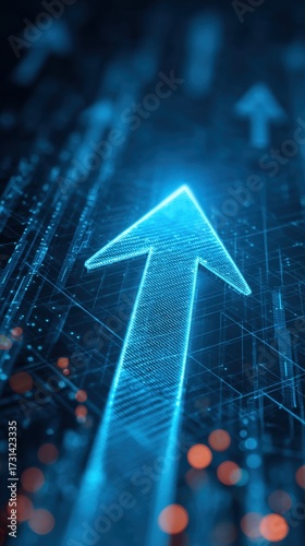 Digital arrow pointing upward on a futuristic grid background with glowing elements and data patterns