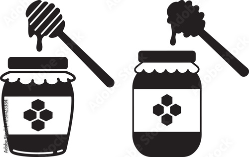Two honey jars with honey dippers silhouette
