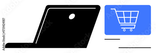 Laptop with a blue shopping cart icon symbolizes e-commerce, digital transactions, and online purchasing. Ideal for business, technology, retail, marketing, finance, web design flat simple metaphor