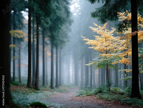 Mystical Forest Scene with Tall Dark Trunks and Golden Light Illuminating Foliage