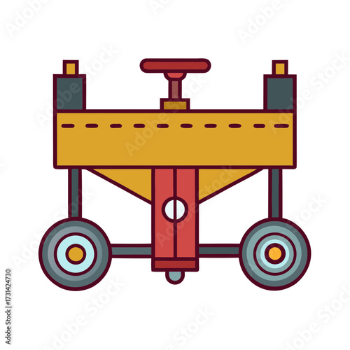 Stylized flat design illustration of a vintage mechanical device with wheels and a crank