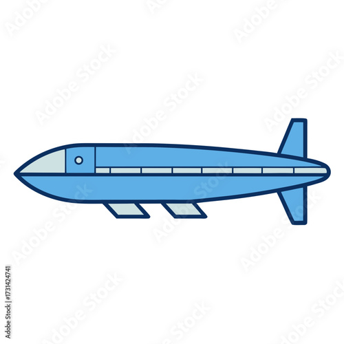 Stylized blue blimp aircraft with fins and landing gear on black background