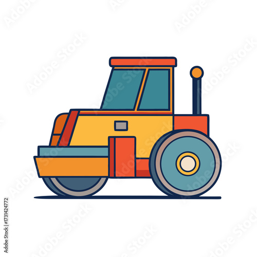 Colorful flat design illustration of a road roller machine on a transparent background