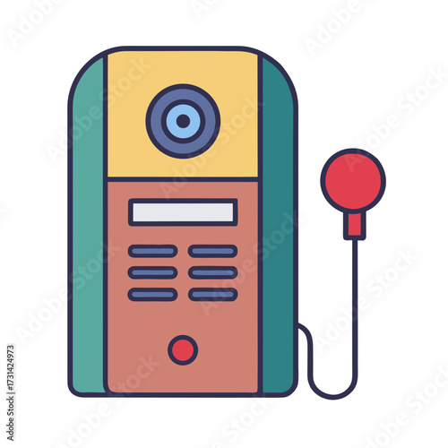 Retro style payphone with a camera and a red handset on a transparent background