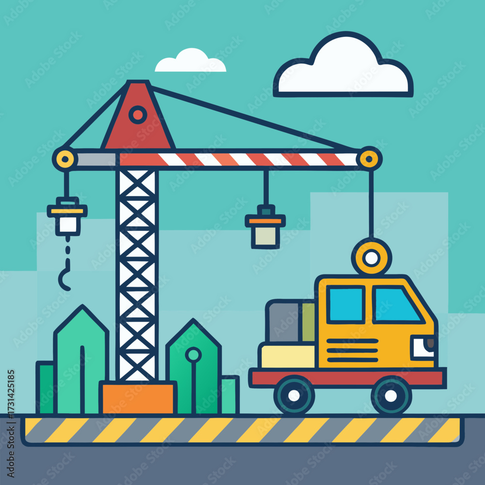 Fototapeta premium Construction site with crane truck and buildings under a cloudy sky