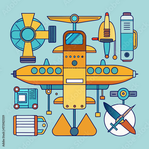 Whimsical retro futuristic aircraft and gadgets collection