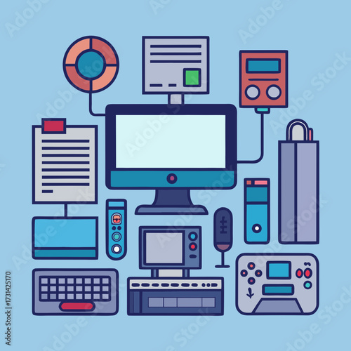 A colorful flat illustration of various computer and gaming devices arranged on a light blue background