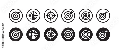 Set of target icon, Crosshairs icon, Bullseye symbol collection, Target icon with arrow hitting bullseye, Vector illustration EPS 10.
