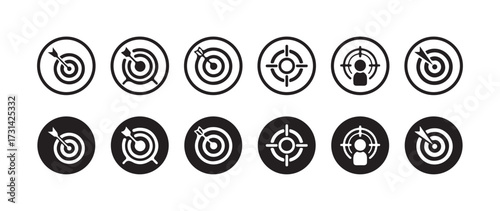 Target solid black icon, Target icon sheet multiple style collection, Gun target, focus, crosshair, reticle, viewfinder, Vector illustration EPS 10.