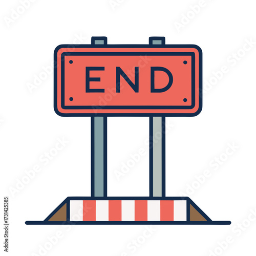 Red end sign on a barrier with striped pattern and transparent background