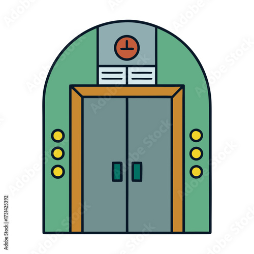 Retro style elevator entrance with circular buttons and clock display