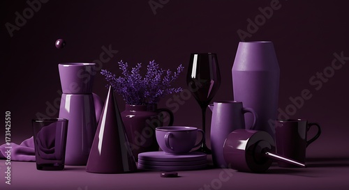 Elegant still life composition of purple vases and objects against dark background