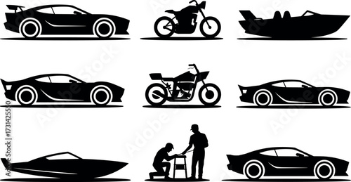 Collection of silhouetted sports cars motorcycles and unique vehicles for design and creative projects