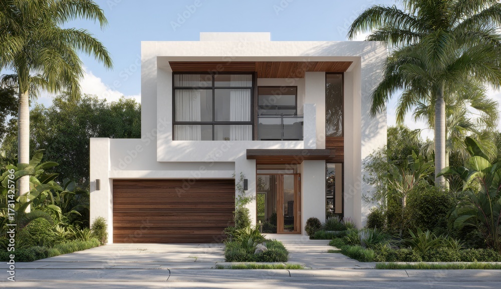 Fototapeta premium Modern two-story house with large , a garage, and lush landscaping in a tropical setting