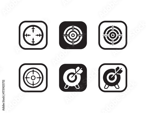 Set of target icon, Crosshairs icon, Bullseye symbol collection, Target icon with arrow hitting bullseye, Vector illustration EPS 10.
