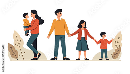 Family illustration featuring parents and children holding hands and enjoying time together