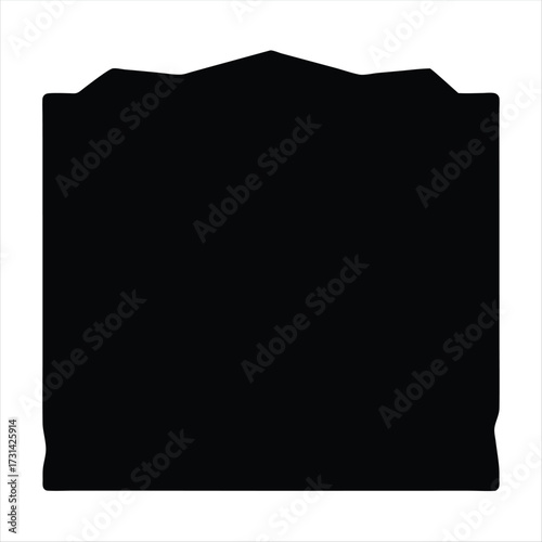 A black silhouette within a white frame exhibiting a mountain like top edge