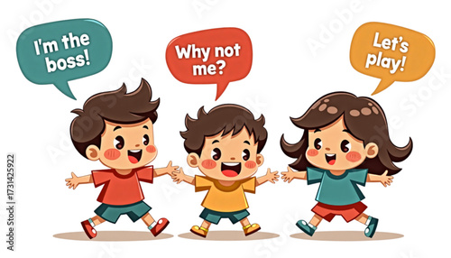 Three cheerful cartoon children expressing themselves with speech bubbles and playful attitudes