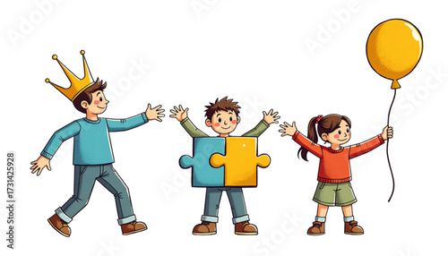 Three happy cartoon children playing and celebrating with a puzzle piece, balloon, and a crown