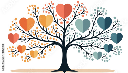 Colorful tree illustration with heart-shaped leaves representing love and connection