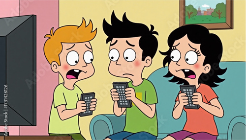 Three cartoon children with shocked expressions hold calculators, standing in front of the TV