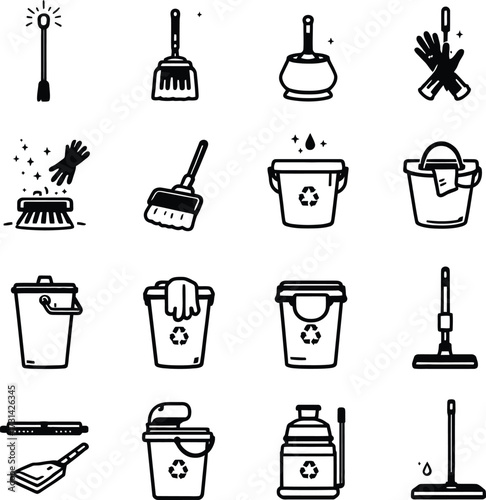 A collection of cleaning supplies icons including brooms buckets and mops in a minimalist style silhouette