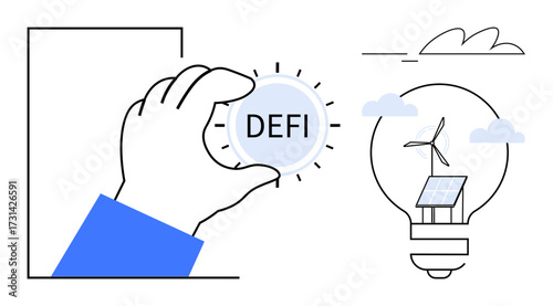 Hand holding DeFi token near a lightbulb featuring a solar panel and wind turbine. Ideal for sustainability, innovation, fintech, clean energy, blockchain, decentralized finance, simple flat metaphor