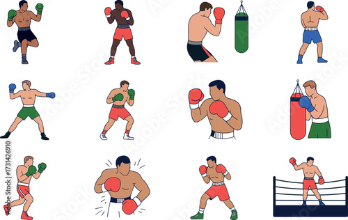 Collection of boxer poses demonstrating different fighting techniques and training with punching bags