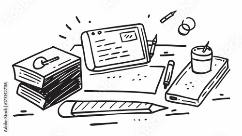 Desk scene with books and technology sketched in an artistic black and white style design | editable svg
