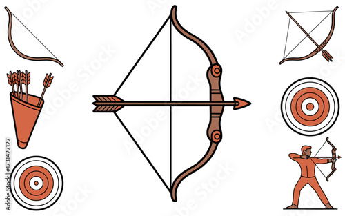 Collection of archery equipment including bows arrows quiver targets and archer in action illustration