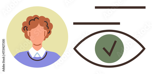 Person profile with curly hair beside an eye containing a checkmark, representing identity verification. Ideal for security, authentication, access, data privacy, user control, approval process