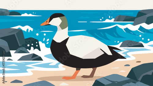 Illustration Of An Eider On A Rocky Beach With Cold Sea Waves Crashing Against The Rocks Vector Design Template