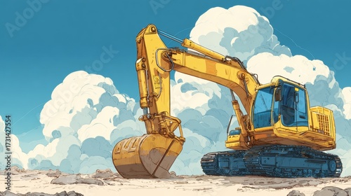 Yellow excavator on a rocky terrain under a bright blue sky with clouds