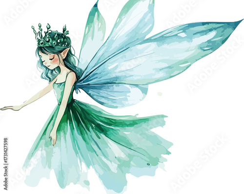 Enchanting watercolor fairy with delicate wings and flowing green gown in ethereal light