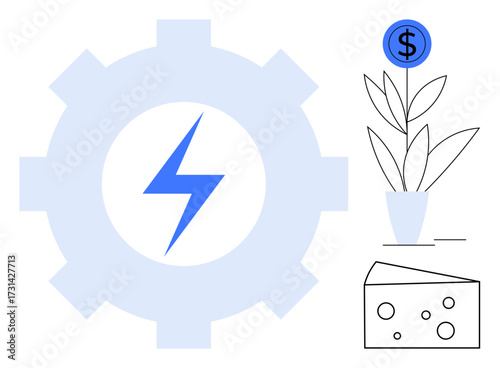 Gear with lightning bolt, money plant in pot, and cheese block. Ideal for energy, sustainability, economy, finances, productivity innovation and food. Clean simple flat metaphor