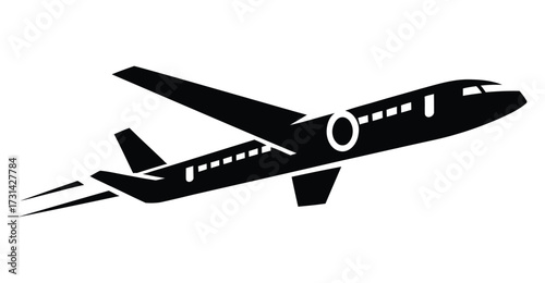 Black silhouette of ascending airplane with jet trails, symbolizing air travel, aviation, speed, and commercial flight in dynamic motion