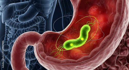 Helicobacter Pylori Bacterium in Stomach Medical Illustration Bacteria Infection Microbiology Illness Pathogen Disease Treatment Gastroenterology Digestive Health