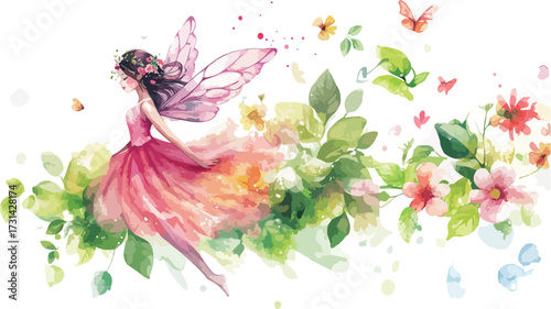 Whimsical watercolor fairy with delicate wings dancing among blooming flowers and butterflies