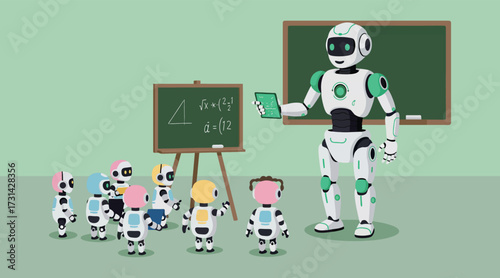AI Robot Teacher Instructing Students in a Classroom