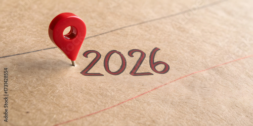 Year 2026 Marked with Green and Red Push Pins on Brown Paper