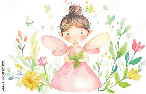 Charming watercolor illustration of a little fairy girl with delicate wings surrounded by wildflowers